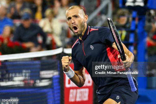 Daniel Evans of Great Britain celebrates after winning the tiebreaker in the second set against Pablo Carreno Busta of Spain in the semifinals during...