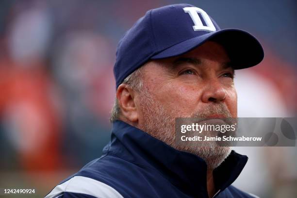 Head Coach Mike McCarthy of the Dallas Cowboys looks on during pregame for a preseason game against the Denver Broncos at Empower Field At Mile High...