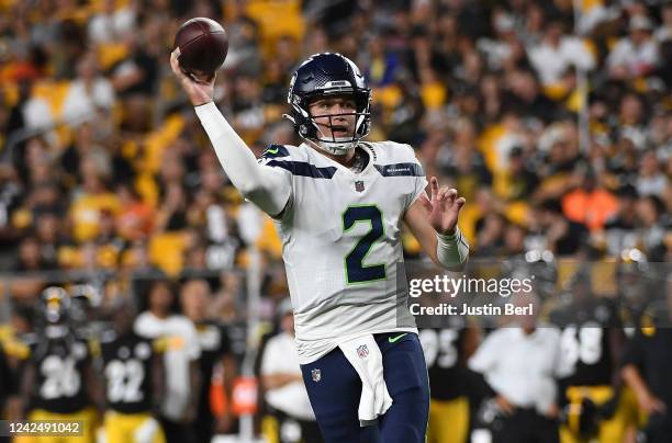 Drew Lock of the Seattle Seahawks throws a pass for a two point conversion in the fourth quarter during a preseason game against the Pittsburgh...