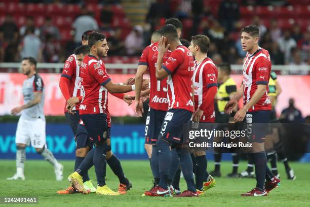 Players of Chivas react during the 8th round match between Chivas and Atlas as part of the Torneo Apertura 2022 Liga MX at Akron Stadium on August...