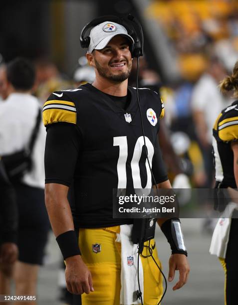 Mitch Trubisky of the Pittsburgh Steelers looks on from the sidelines in the fourth quarter during a preseason game against the Seattle Seahawks at...