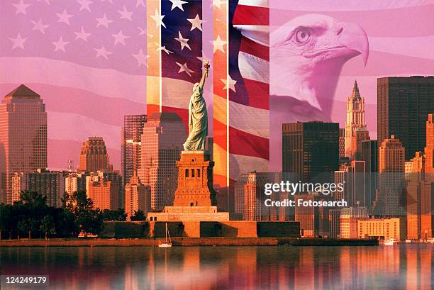 photo montage: american flag and eagle, world trade center, statue of liberty - national 911 flag stock-fotos und bilder