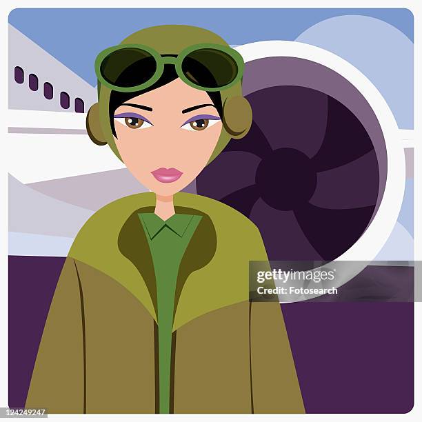 ilustrações, clipart, desenhos animados e ícones de portrait of a female pilot standing in front of an airplane - mode