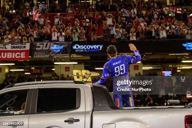 Dan Bewley waves to the crowd on the lap of honour during the FIM Speedway Grand Prix of Great Britain at the Principality Stadium, Cardiff on...