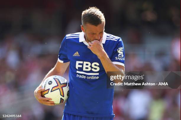Jamie Vardy of Leicester City holds the ball in anticipation of taking a penalty before the decision was overturned by VAR during the Premier League...