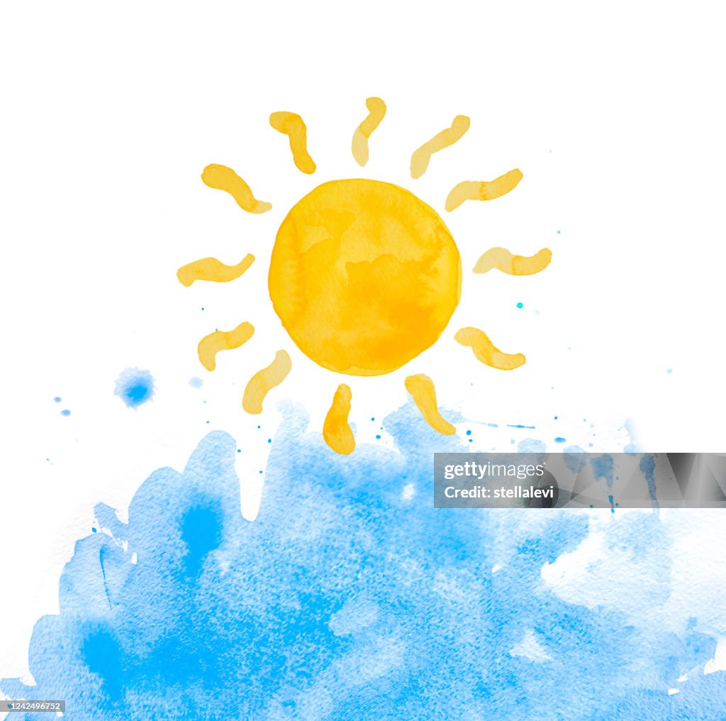 Sun With Splashing Water Hand Drawn And Painted In Watercolor On ...
