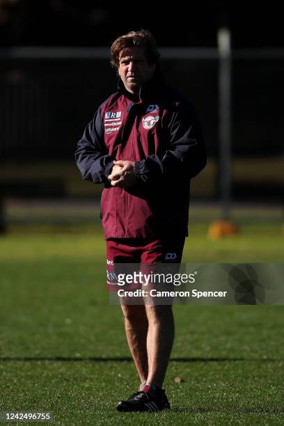 Sea Eagles coach Des Hasler looks on during a Manly Sea Eagles training session at the Sydney Academy of Sport on June 03, 2020 in Sydney, Australia.