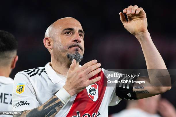 Javier Pinola of River Plate celebrates after scoring a goal during the Liga profesional 2022 match between River Plate and Newell's Old Boys at...