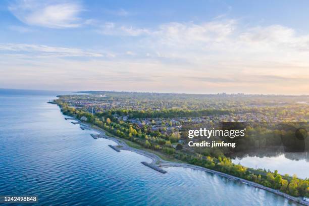 aerial view of rouge national urban park and rouge river, toronto, canada - lake ontario stock pictures, royalty-free photos & images