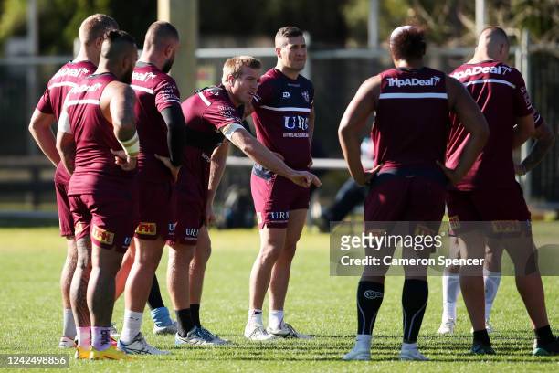 Jake Trbojevic of the Sea Eagles talks to team mates during a Manly Sea Eagles training session at the Sydney Academy of Sport on June 03, 2020 in...