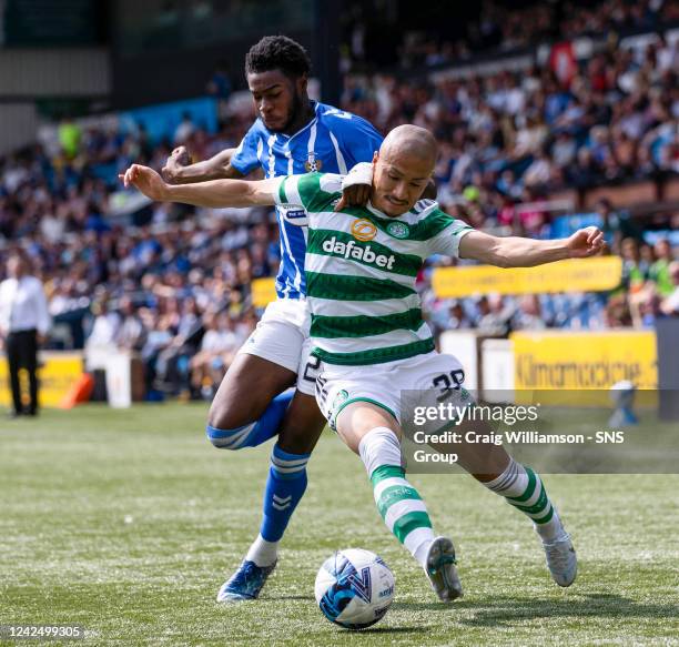 Celtic's Daizen Maeda and Kilmarnock's Ryan Alebiosu during a cinch Premiership match between Kilmarnock and Celtic at Rugby Park, on August 14 in...