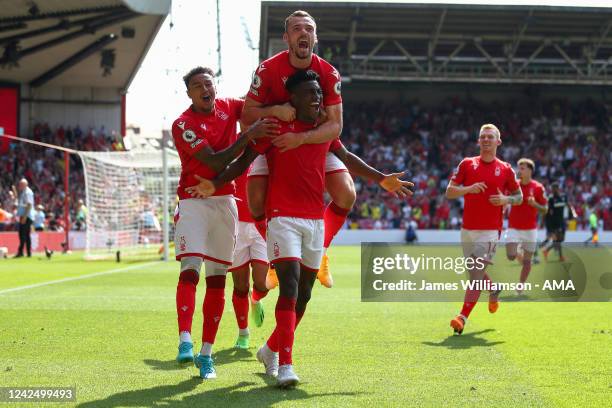 Taiwo Awoniyi of Nottingham Forest celebrates after scoring a goal to make it 1-0 during the Premier League match between Nottingham Forest and West...