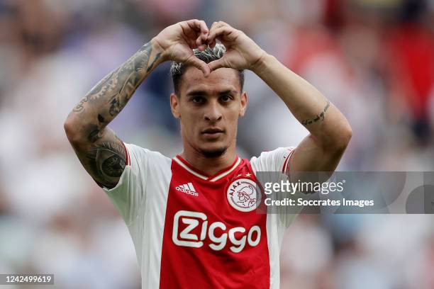 Antony of Ajax celebrates his 2-1 during the Dutch Eredivisie match between Ajax v FC Groningen at the Johan Cruijff Arena on August 14, 2022 in...