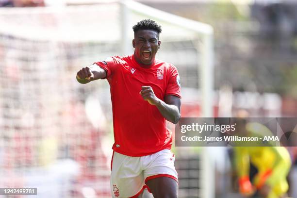 Taiwo Awoniyi of Nottingham Forest celebrates after scoring a goal to make it 1-0 during the Premier League match between Nottingham Forest and West...