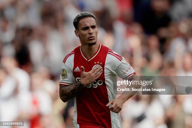 Antony of Ajax celebrates his 2-1 during the Dutch Eredivisie match between Ajax v FC Groningen at the Johan Cruijff Arena on August 14, 2022 in...