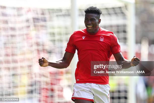 Taiwo Awoniyi of Nottingham Forest celebrates after scoring a goal to make it 1-0 during the Premier League match between Nottingham Forest and West...