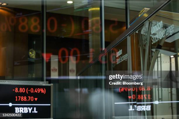 Share index board in the atrium of the London Stock Exchange Group Plc's offices in London, UK, on Friday, Aug. 12, 2022. London Stock Exchange Plc...