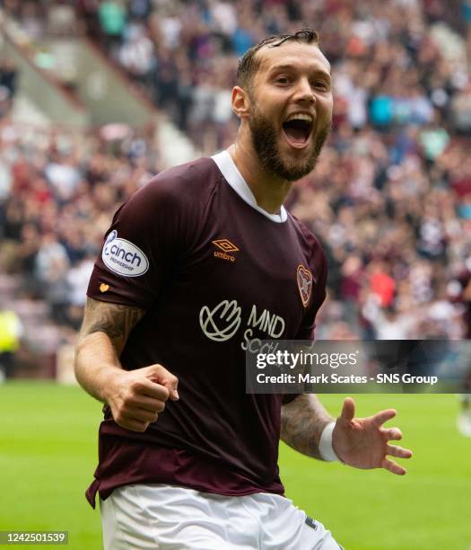 Jorge Grant celebrates making it 3-0 Hearts during a cinch Premiership match between Heart of Midlothian and Dundee United at Tynecastle, on August...