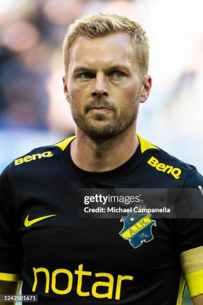 Sebastian Larsson of AIK during an Allsvenskan match between AIK and IFK Varnamo at Friends Arena on August 14, 2022 in Solna, Sweden.