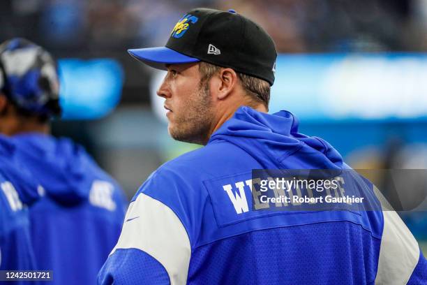 Inglewood, CA, Saturday, August 13, 2022 - Rams quarterback Matthew Stafford on the sidelines during pregame against the Chargers in a preseason game...