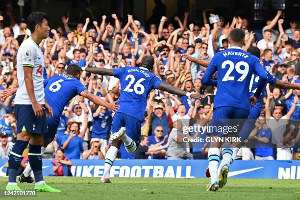 Chelsea's Senegalese defender Kalidou Koulibaly celebrates after scoring the opening goal of the English Premier League football match between...