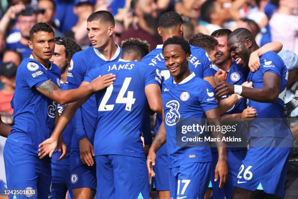 Kalidou Koulibaly of Chelsea celebrates scoring the first goal during the Premier League match between Chelsea FC and Tottenham Hotspur at Stamford...