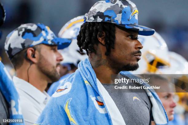Inglewood, CA, Saturday, August 13, 2022 - Chargers safety Derwin James on the sideline during a preseason game against the Rams at SoFi Stadium.