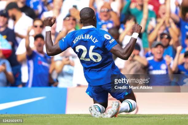 Kalidou Koulibaly of Chelsea celebrates scoring the first goal during the Premier League match between Chelsea FC and Tottenham Hotspur at Stamford...