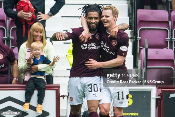 Hearts' Josh Ginnelly celebrates his goal with Gary Mackay-Steven during a cinch Premiership match between Heart of Midlothian and Dundee United at...