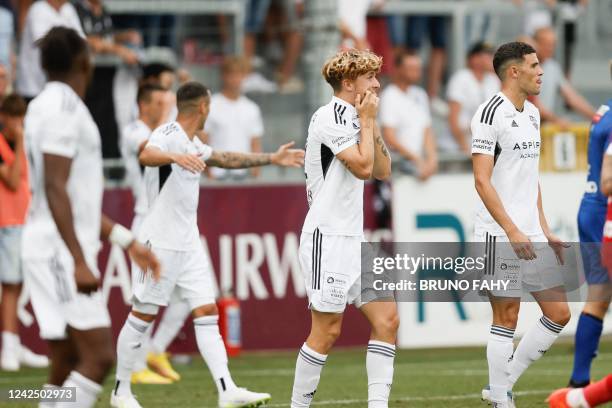 Eupen's players look dejected after a soccer match between KAS Eupen and Royal Antwerp FC RAFC, Sunday 14 August 2022 in Eupen, on day 4 of the...