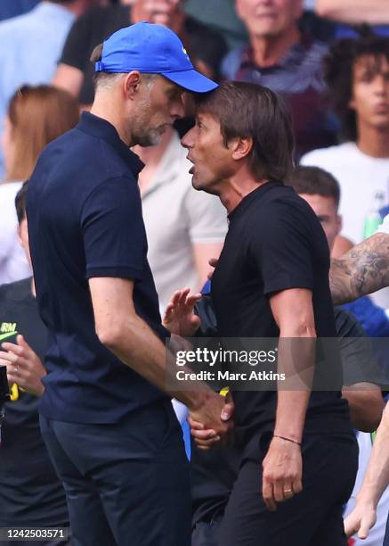 Chelsea Head Coach Thomas Tuchel and Tottenham Hotspur Head Coach Antonio Conte clash after the Premier League match between Chelsea FC and Tottenham...