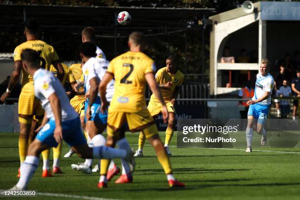 Ben Whitfield of Barrow AFC puts in a deep cross towards the box during the Sky Bet League 2 match between Sutton United and Barrow at the Knights...