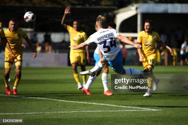Ben Whitfield of Barrow AFC sends a half volley over the bar during the Sky Bet League 2 match between Sutton United and Barrow at the Knights...