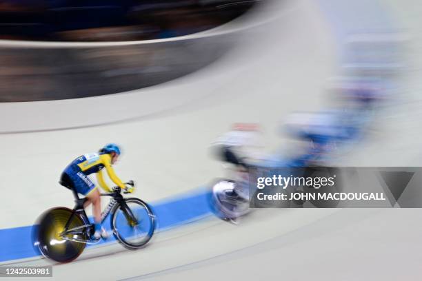 Ukraine's Ganna Solovei competes during the women's points race 25km final event of the European Championships Munich 2022 in Munich, southern...