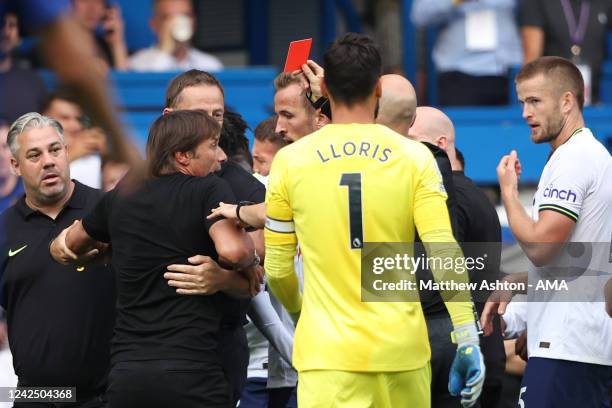 Antonio Conte the manager / head coach of Tottenham Hotspur receives a red card at full time during the Premier League match between Chelsea FC and...