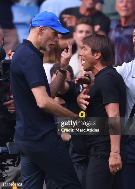 Chelsea Head Coach Thomas Tuchel and Tottenham Hotspur Head Coach Antonio Conte clash after the Premier League match between Chelsea FC and Tottenham...