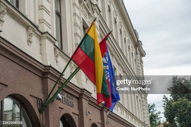 Flag of Lthuania displayed on the building is seen in Kaunas, Lithuania on 6 August 2022