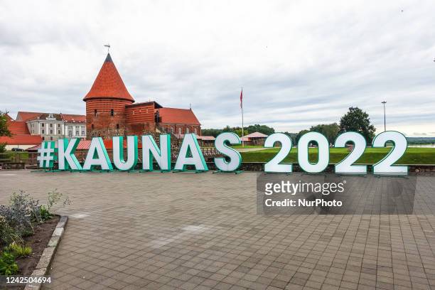 Giant Kaunas 2022 inscription in front of Kaunas Castle is seen in Kaunas, Lithuania on 6 August 2022