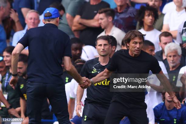 Chelsea Head Coach Thomas Tuchel and Tottenham Hotspur Head Coach Antonio Conte clash after the Premier League match between Chelsea FC and Tottenham...