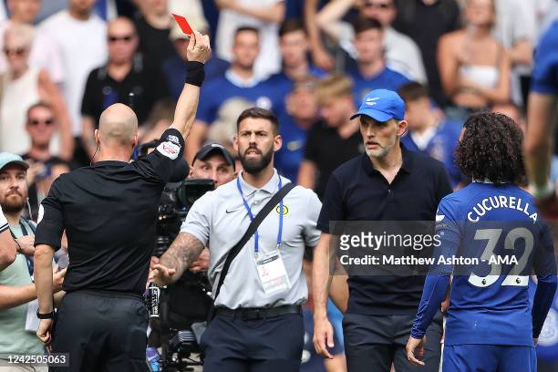 Thomas Tuchel the manager / head coach of Chelsea receives a red card at full time during the Premier League match between Chelsea FC and Tottenham...