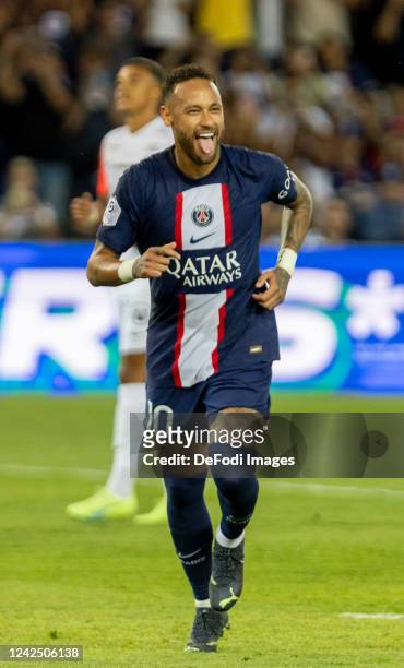 Neymar Jr of Paris Saint-Germain celebrates after scoring his team's second goal during the Ligue 1 match between Paris Saint-Germain and Montpellier...