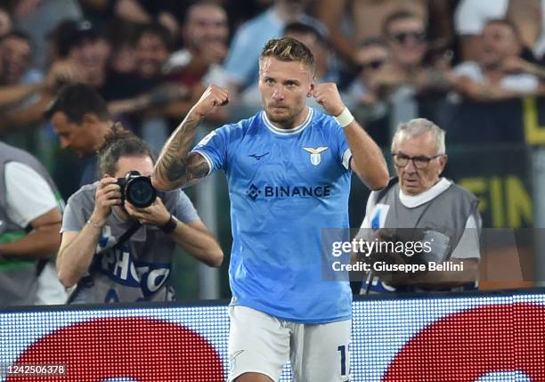 Ciro Immobile of SS Lazio celebrates after scoring goal 2-1 during the Serie A match between SS Lazio and Bologna FC at Stadio Olimpico on August 14,...