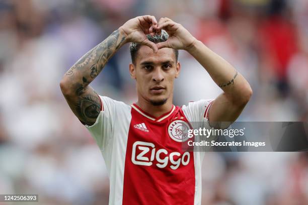 Antony of Ajax celebrates 2-1 during the Dutch Eredivisie match between Ajax v FC Groningen at the Johan Cruijff Arena on August 14, 2022 in...