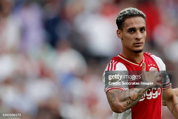 Antony of Ajax celebrates 2-1 during the Dutch Eredivisie match between Ajax v FC Groningen at the Johan Cruijff Arena on August 14, 2022 in...