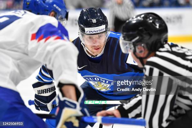 Joel Maatta of Finland lines up for a face off during the game against Slovakia in the IIHF World Junior Championship on August 14, 2022 at Rogers...