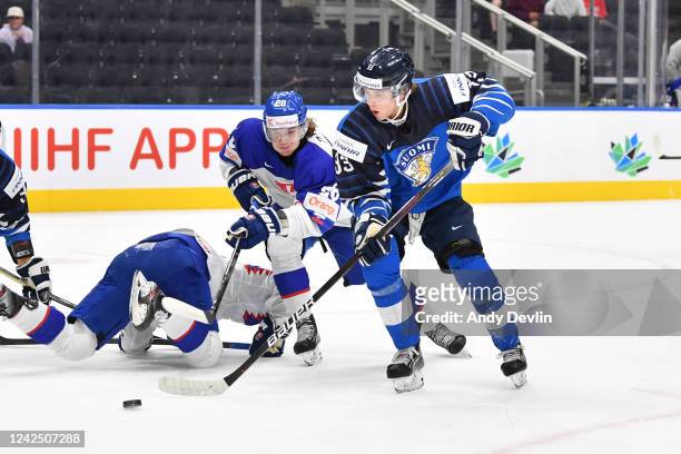 Brad Lambert of Finland battles for the puck against Stepan Nemec of Slovakia in the IIHF World Junior Championship on August 14, 2022 at Rogers...