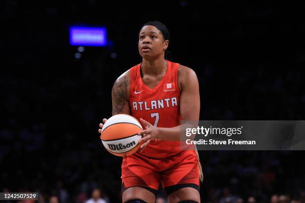 Kia Vaughn of the Atlanta Dream prepares to shoot a free throw during the game against the New York Liberty on August 14, 2022 at the Barclays Center...