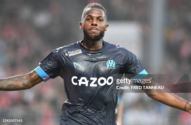 Marseille's Portuguese defender Nuno Tavares celebrates scoring his team's first goal during the French L1 football match between Stade Brestois 29...
