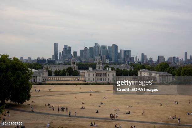 The overview of dry grass area in Greenwich Park. 8 out of 14 regions in England declared drought on Friday following a prolonged heatwave with...
