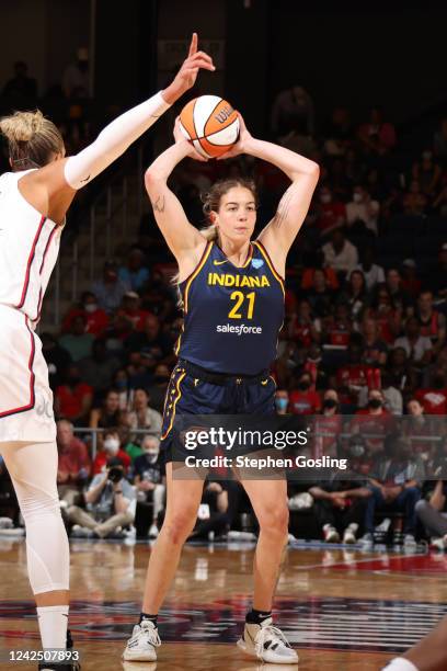 Emily Engstler of the Indiana Fever passes the ball during the game against the Washington Mystics on August 14, 2022 at Entertainment & Sports Arena...